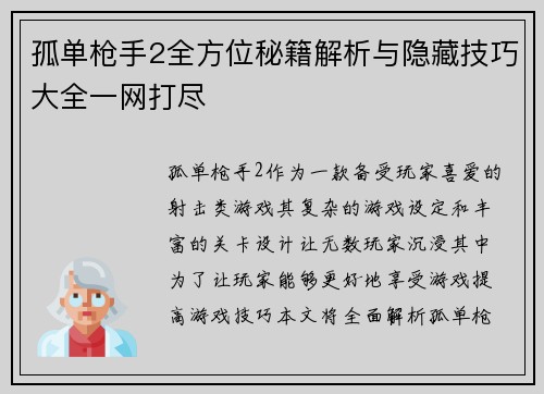 孤单枪手2全方位秘籍解析与隐藏技巧大全一网打尽