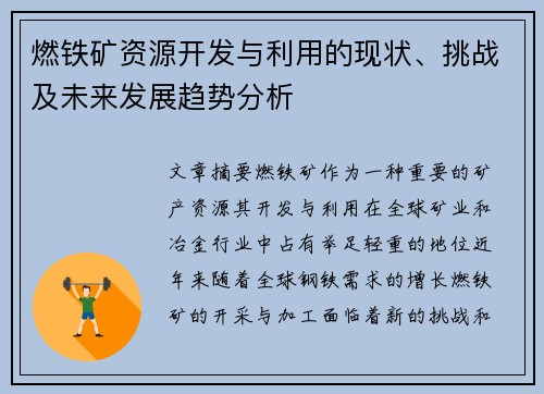 燃铁矿资源开发与利用的现状、挑战及未来发展趋势分析